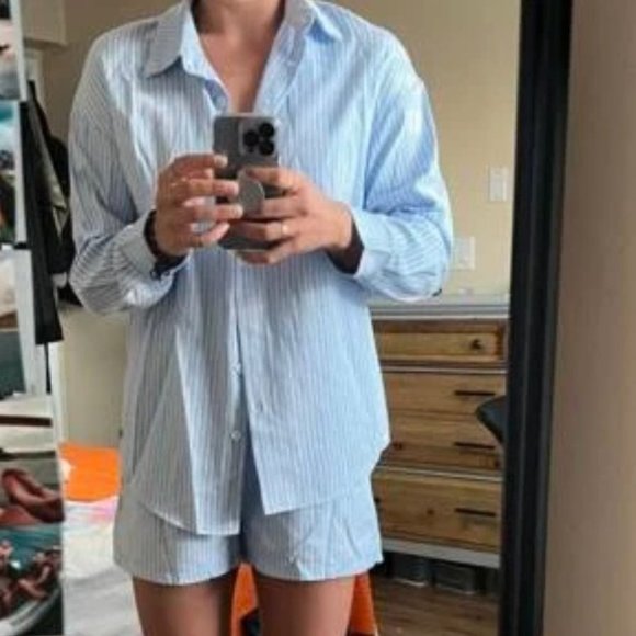 BLUE STRIPED BLOUSE AND SHORTS SET SUMMER STREETWEAR - Picture 7 of 8